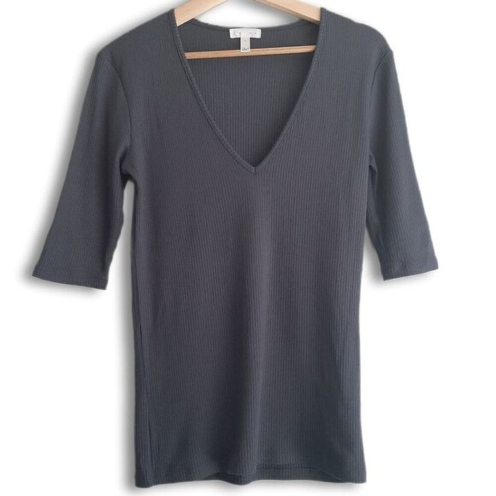 LEITH | Ribbed Fitted V-Neck Short Sleeve T-Shirt Gray Tee Sz S